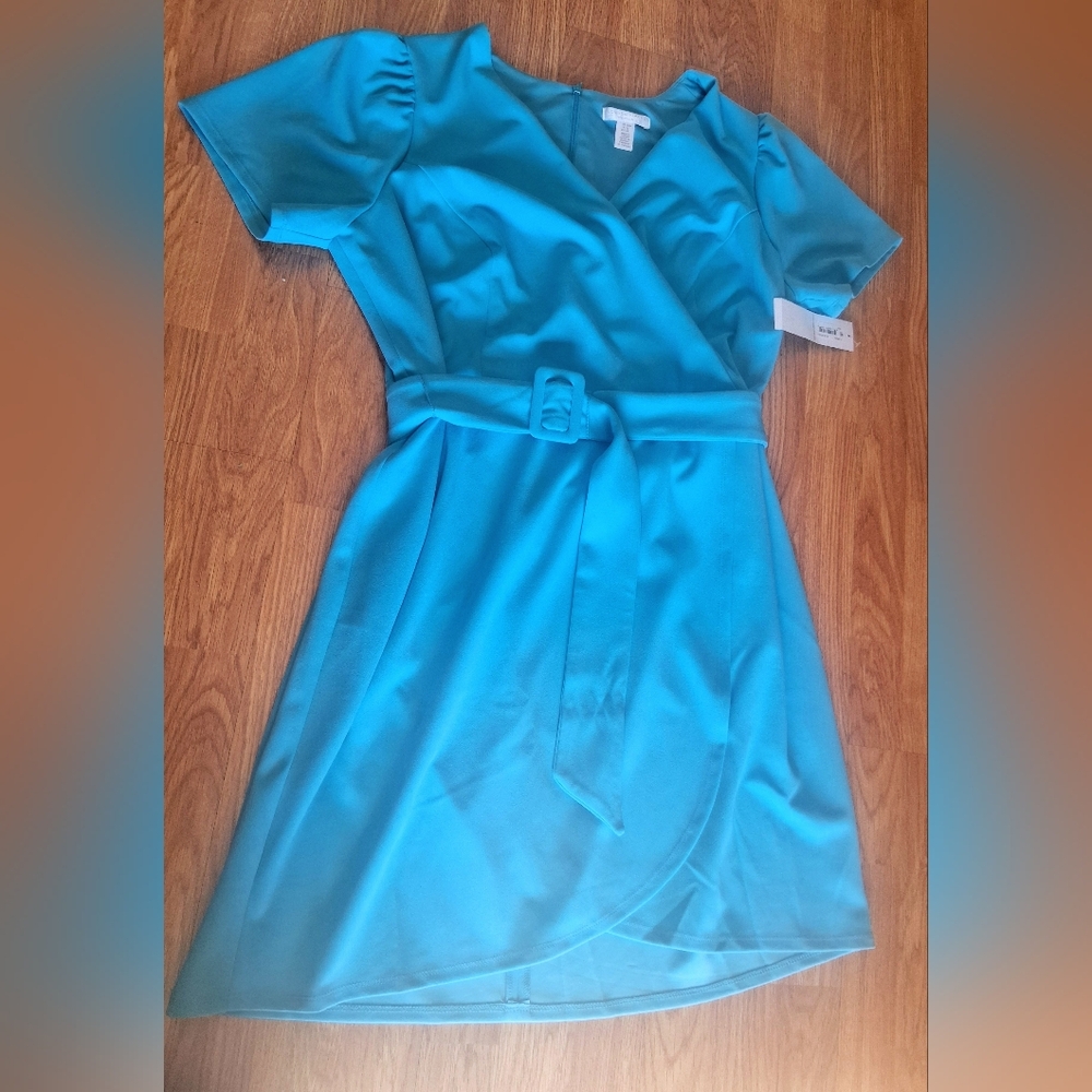 London Times Teal Wrap Belted Dress